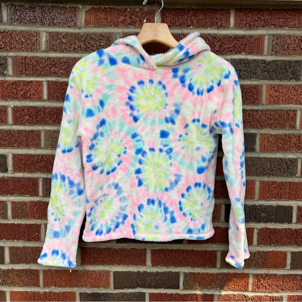 SO Blue Yellow and Pink Fleece Tie Dye Pullover Hoodie